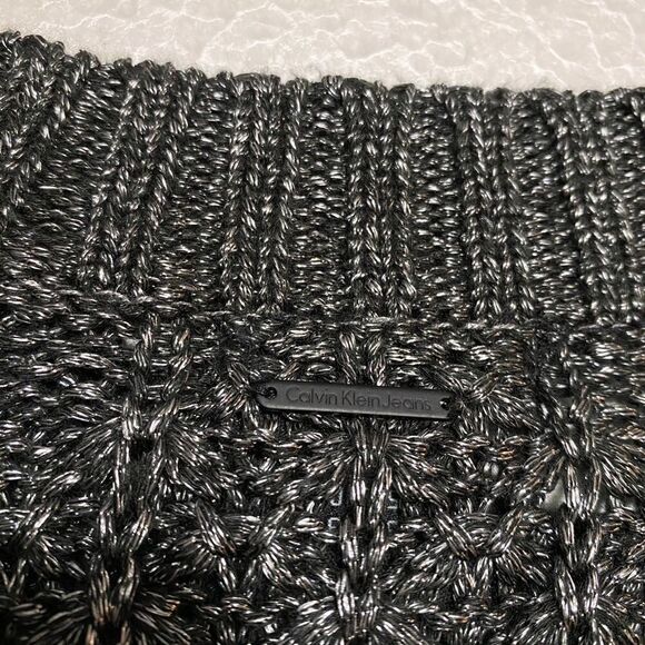 𝅺calvin KLEIN JEANS SZ M & Sz XL BLACK MIXED KNIT METALLIC SILVER WEAVE sweater - Picture 4 of 12